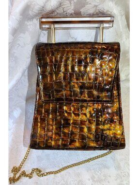 Vintage Cianni Faux Alligator Skin Purse W/ Lucite Handle & Removable 44" Chain